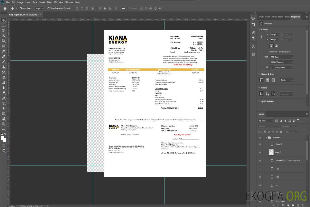 Modèle de facture de services publics d'entreprise Iran Kiana Petro Energy Co au format Word et PDF template